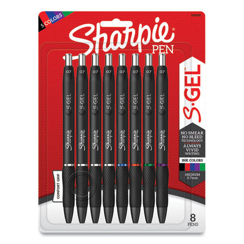 S-gel Retractable Gel Pen, Medium 0.7 Mm, Assorted Ink, Black Barrel, 8-pack