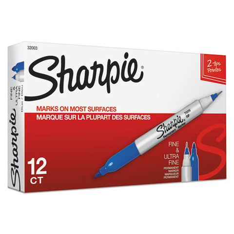 Twin-tip Permanent Marker, Fine-extra-fine Bullet Tip, Blue, Dozen