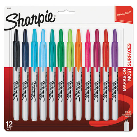 Retractable Permanent Marker, Fine Bullet Tip, Assorted Colors, 12-set