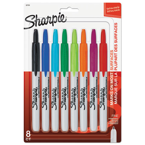 Retractable Permanent Marker, Fine Bullet Tip, Assorted Colors, 8-set