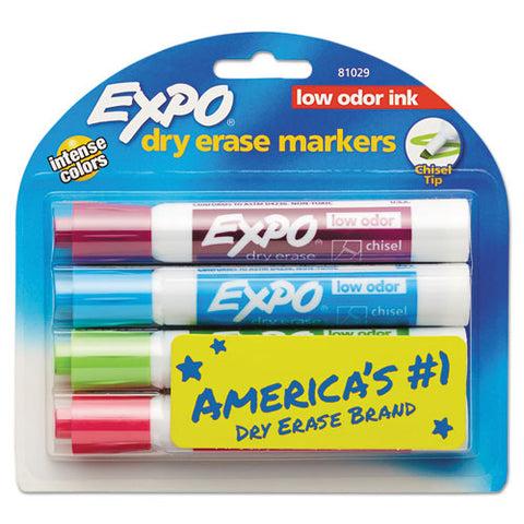 Low-odor Dry-erase Marker, Broad Chisel Tip, Assorted Colors, 4-set