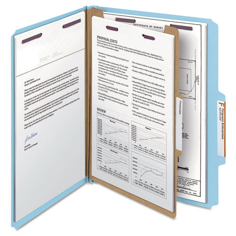 Four-section Pressboard Top Tab Classification Folders With Safeshield Fasteners, 1 Divider, Letter Size, Blue, 10-box