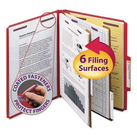 Six-section Pressboard Top Tab Classification Folders With Safeshield Fasteners, 2 Dividers, Letter Size, Bright Red, 10-box
