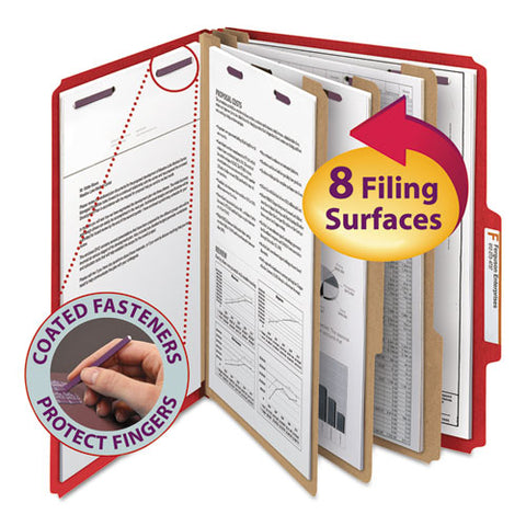Eight-section Pressboard Top Tab Classification Folders With Safeshield Fasteners, 3 Dividers, Letter Size, Bright Red, 10-bx