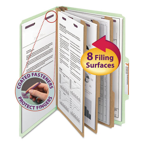 Pressboard Classification Folders With Safeshield Coated Fasteners, 2-5 Cut, 3 Dividers, Legal Size, Gray-green, 10-box