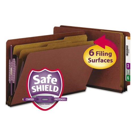 End Tab Pressboard Classification Folders With Safeshield Coated Fasteners, 2 Dividers, Legal Size, Red, 10-box