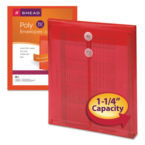 Poly String And Button Interoffice Envelopes, String And Button Closure, 9.75 X 11.63, Transparent Red, 5-pack