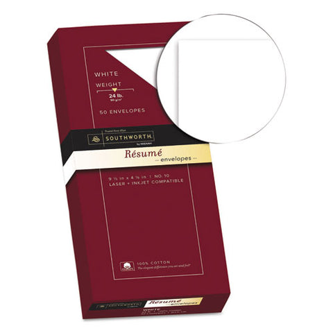 100% Cotton Resume Envelope, #10, Commercial Flap, Gummed Closure, 4.13 X 9.5, White, 50-box