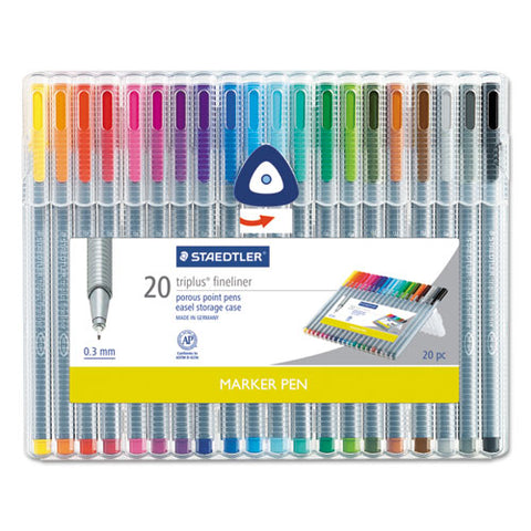 Triplus Fineliner Stick Porous Point Pen, Extra-fine Needle Tip, 0.3mm, Assorted Ink, Silver Barrel, 20-set