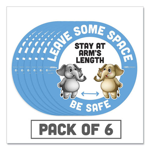 Besafe Messaging Education Floor Signs, Leave Some Space; Stay At Arms Length; Be Safe, 12" Dia, White-blue, 6-pack