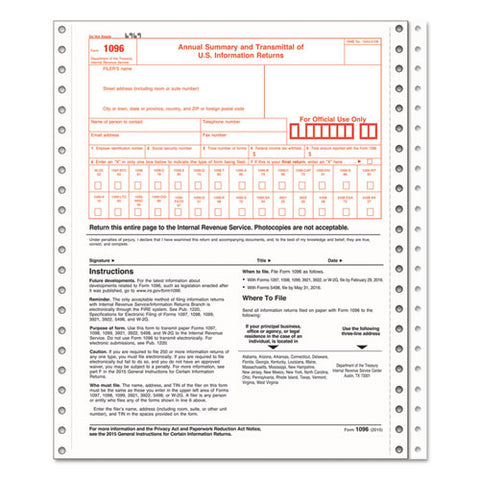 1096 Summary Transmittal Tax Forms, 2-part Carbonless, 8 X 11, 10 Forms
