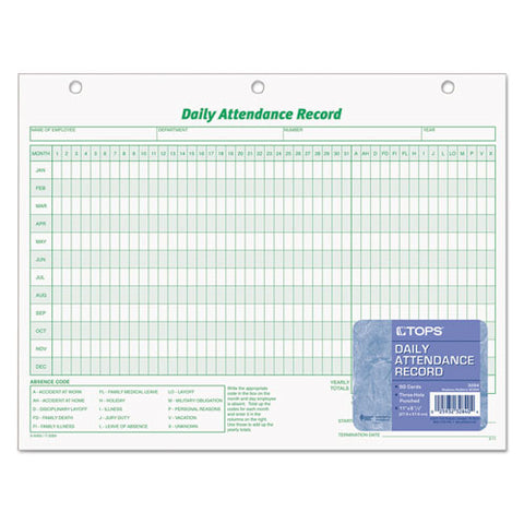 Daily Attendance Card, 8 1-2 X 11, 50 Forms