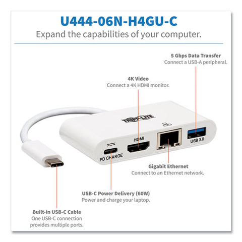 4k Dock With Charging And Ethernet, Usb C-4k Hdmi-usb A-pd Charging, White