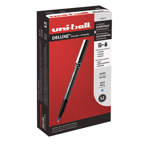 Deluxe Stick Roller Ball Pen, Micro 0.5 Mm, Blue Ink, Metallic Gray Barrel, Dozen