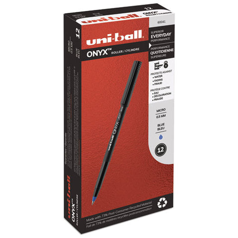Onyx Stick Roller Ball Pen, Micro 0.5 Mm, Blue Ink, Black Matte Barrel, Dozen