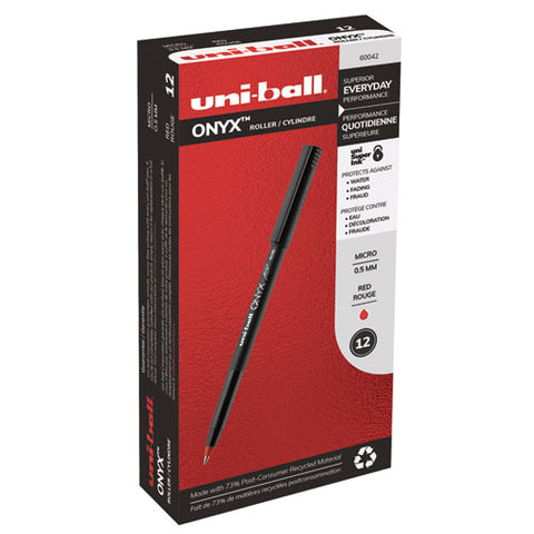 Onyx Stick Roller Ball Pen, Micro 0.5 Mm, Red Ink, Black Matte Barrel, Dozen