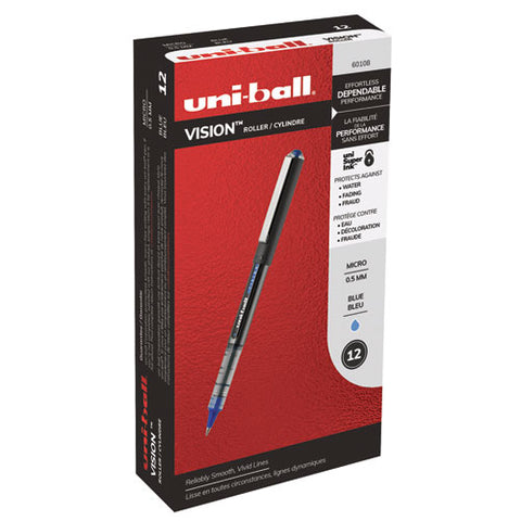 Vision Stick Roller Ball Pen, Micro 0.5 Mm, Blue Ink, Blue-gray Barrel, Dozen
