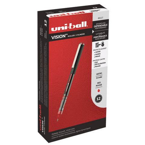 Vision Stick Roller Ball Pen, Micro 0.5 Mm, Red Ink, Gray-red Barrel, Dozen