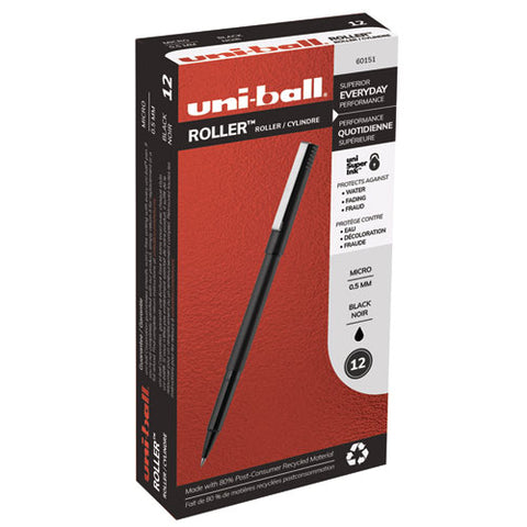 Stick Roller Ball Pen, Micro 0.5 Mm, Black Ink, Black Matte Barrel, Dozen