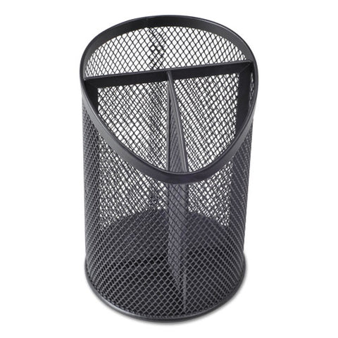 Metal Mesh 3-compartment Pencil Cup, 4 1-8" Dia, 6"h, Black