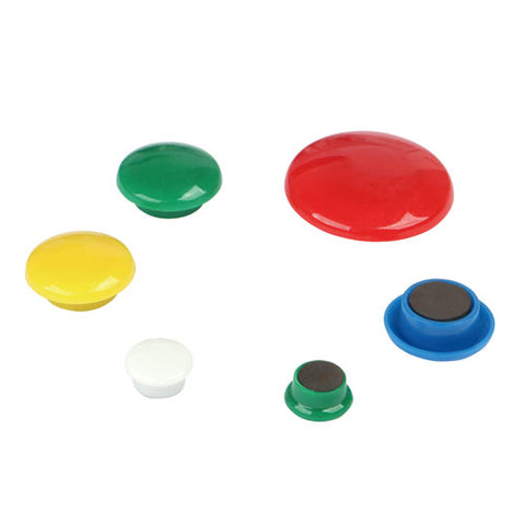 Assorted Magnets, Plastic, 5-8" Dia, 1" Dia, 1 5-8" Dia, Asst Colors, 30-pack