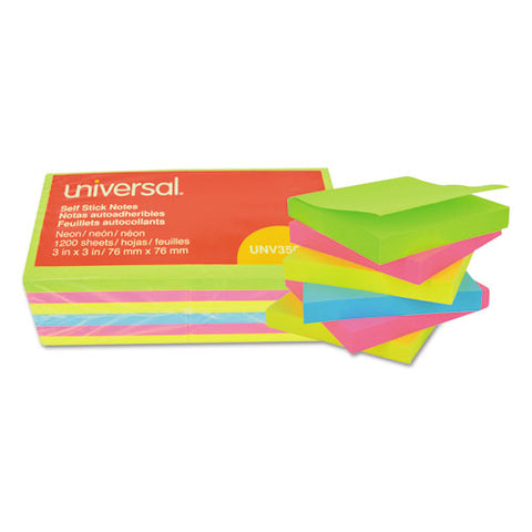 Self-stick Note Pads, 3 X 3, Assorted Neon Colors, 100-sheet, 12-pack