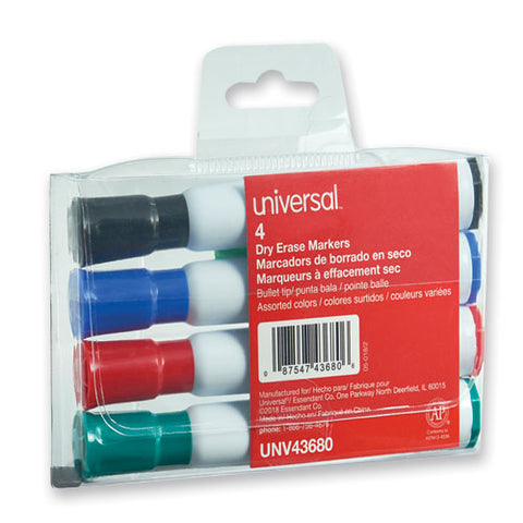 Dry Erase Marker, Medium Bullet Tip, Assorted Colors, 4-set
