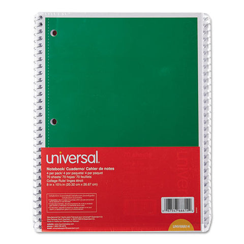 Wirebound Notebook, 1 Subject, Medium-college Rule, Assorted Color Covers, 10.5 X 8, 70 Sheets, 4-pack
