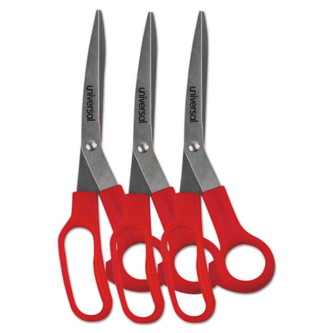 General Purpose Stainless Steel Scissors, 7.75" Long, 3" Cut Length, Red Offset Handles, 3-pack