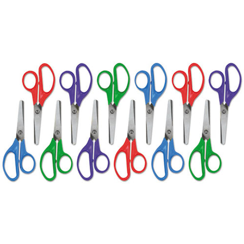 Kids' Scissors, Rounded Tip, 5" Long, 1.75" Cut Length, Assorted Straight Handles, 12-pack