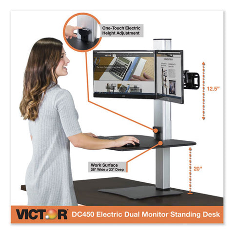 High Rise Electric Dual Monitor Standing Desk Workstation, 28" X 23" X 20.25", Black-aluminum