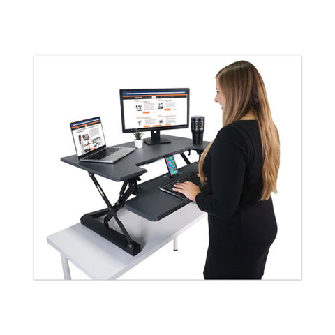 High Rise Height Adjustable Standing Desk With Keyboard Tray, 36" X 31.25" X 5.25" To 20", Gray-black