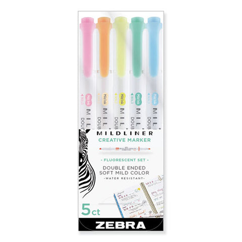 Mildliner Double Ended Highlighter, Chisel-bullet Tip, Assorted Colors, 5-pack