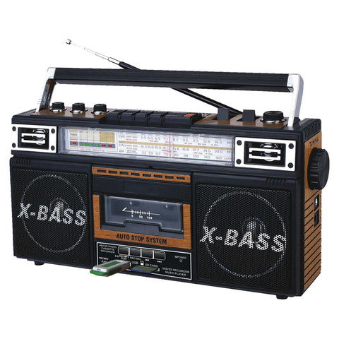 QFX AM/FM/SW1-SW2 4 Band Radio and Cassette to MP3 Converter, and Recorder with USB/SD/MP3 Player-Wood