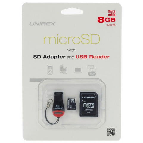 Unirex MicroSD High Capacity 8GB Class 10 with SD Adapter and USB Reader
