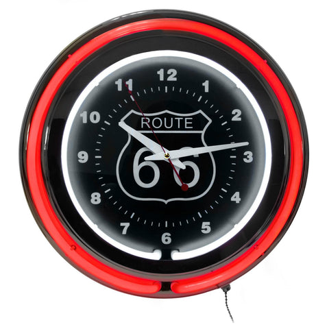 Neon Wall Clock Route 66 Circular Red White with Pull Chain