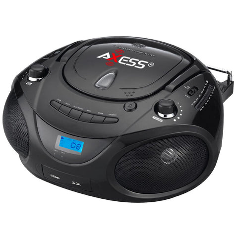 Axess Black Portable Boombox MP3/CD Player with Text Display,with AM/FM Stereo, USB/SD/MMC/AUX Inputs