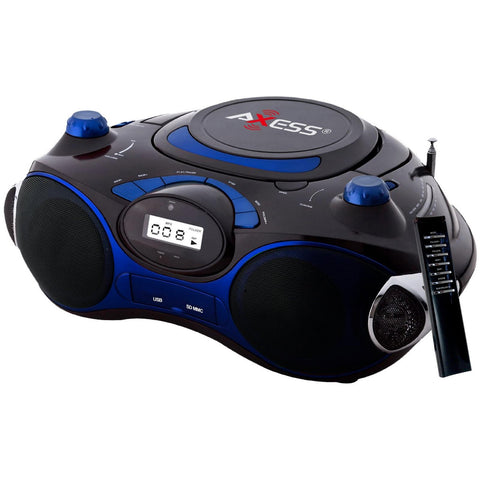 Axess Blue Portable Boombox MP3/CD Player with Text Display,with AM/FM Stereo, USB/SD/MMC/AUX Inputs