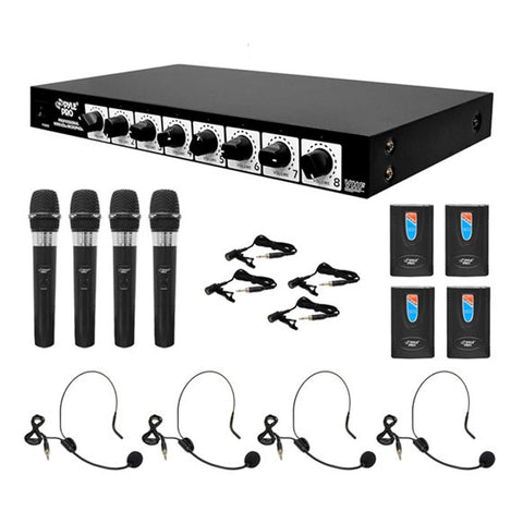 Pyle Rack Mount 8 Channel Wireless Microphone System with 4 Lavalier/Headsets and 4 Handheld Mics