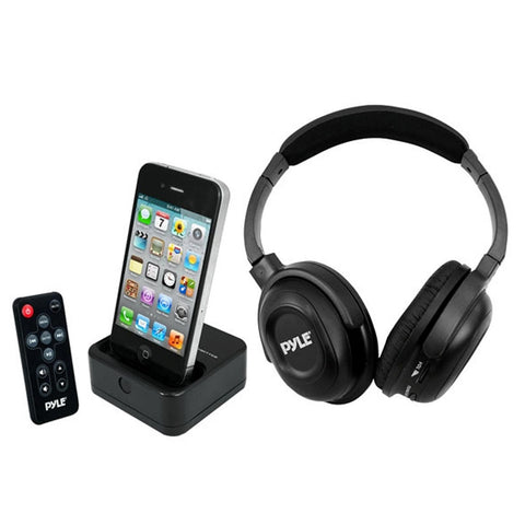 Pyle UHF Wireless Stereo Headphone with Wireless iPhone/iPod Dock Transmitter and RF Remote Control