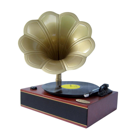 Pyle Classic Horn Phonograph/Turntable With USB-To-PC Connection And Aux-In (Mahogany)