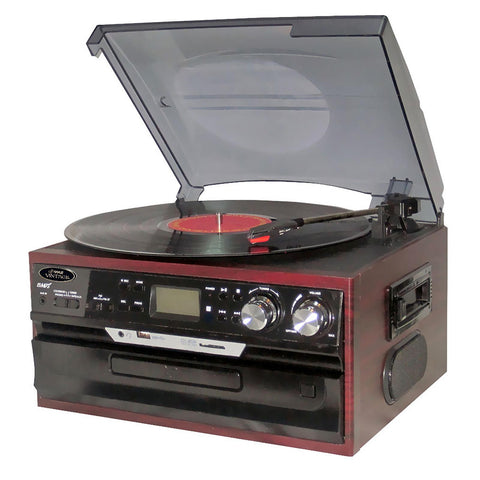 Pyle Classic Vintage Turntable with AM/FM Radio/Cassette/CD, USB/SD and Aux Input for iPod and MP3 Players (Mahogany)