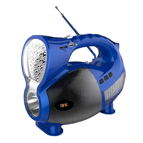 QFX AM/FM/SW 1-9 Radio with USB/SD and LED Flashlight- Blue
